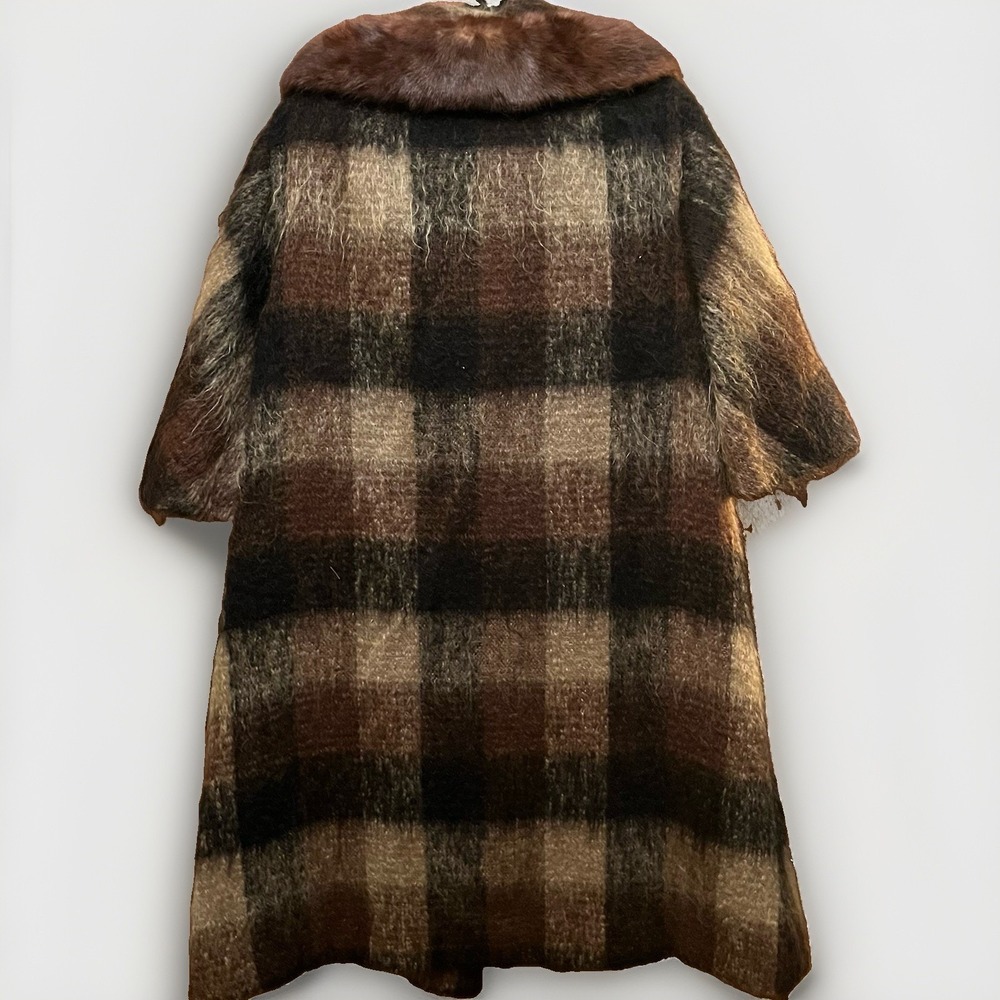 VTG 50s 60s Lilli Ann Paris Mohair Wool Plaid Swing Coat Mink Fur Collar M L - Picture 4 of 16